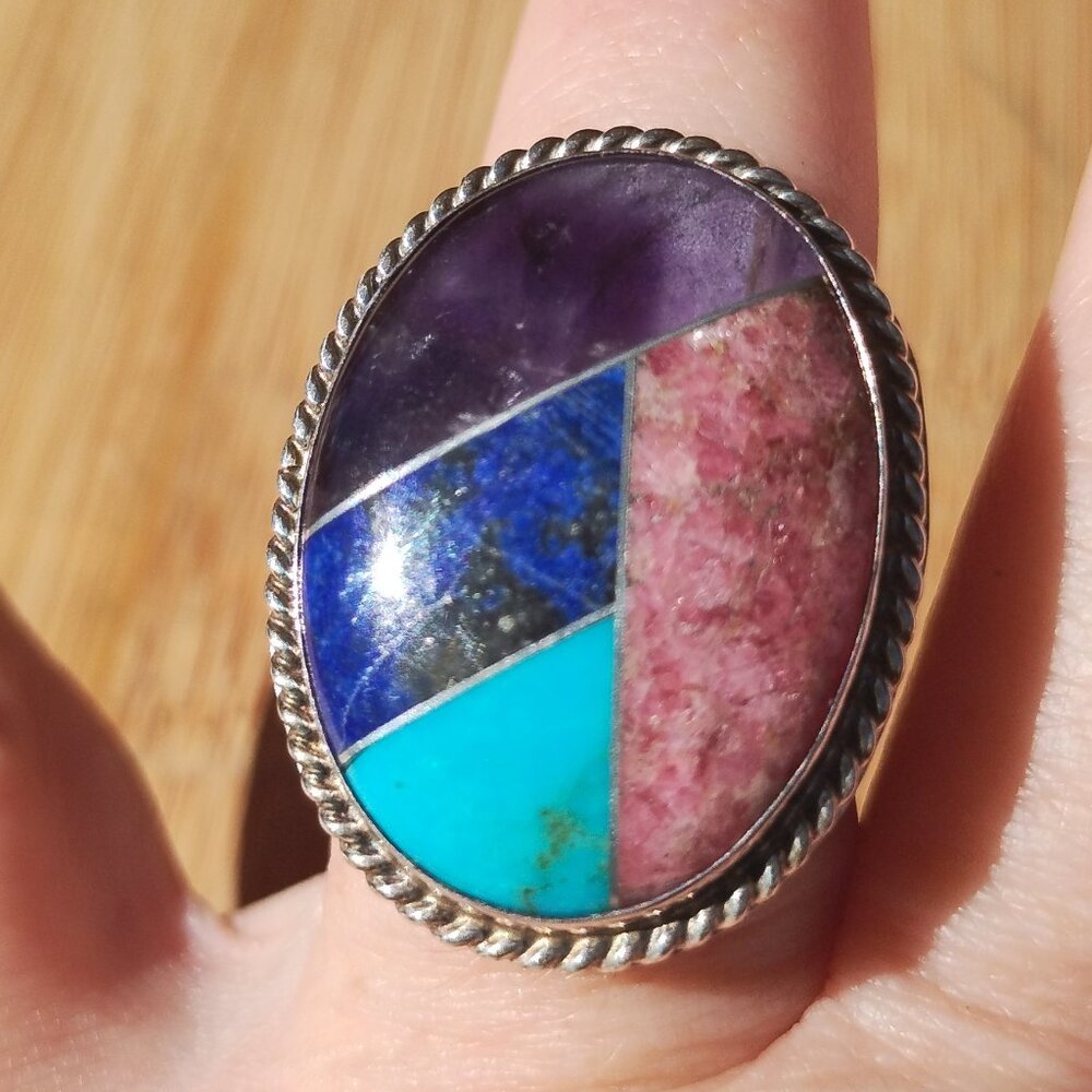 Jay King DTR multi stone Turquoise Lapis inlay ring 925 Sterling Silver size 10 - Picture 5 of 10